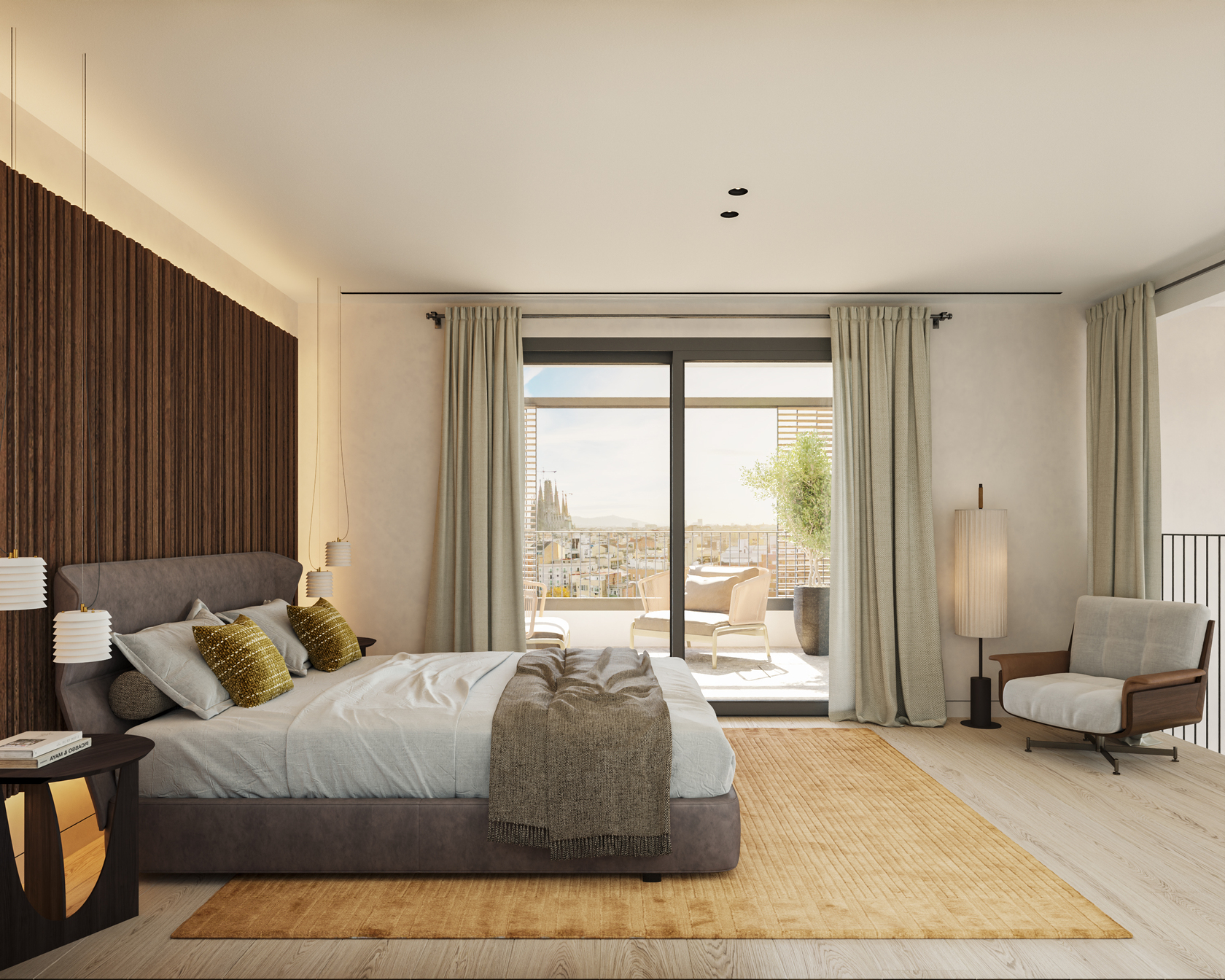 Master bedroom with a dark wood slatted headboard, a taupe upholstered bed and an ochre rug, with a terrace and a view of the Sagrada Família.
